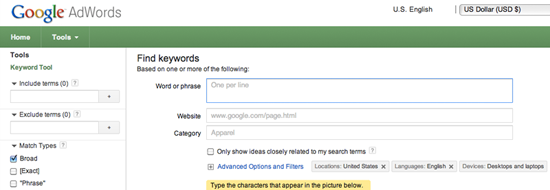 Google Keywords Tool