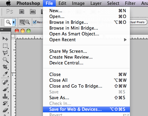 Photoshop Save for the Web Menu